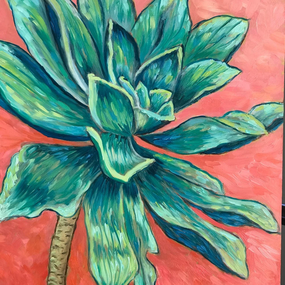 Succulent Botanical Oil Painting in Shades of Green and Coral Size 11” x 14”